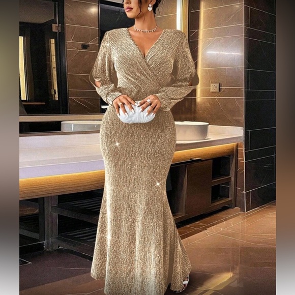 Dresses & Skirts - Luxe plus lantern sleeve shimmering  sequins party formal evening prom dress
